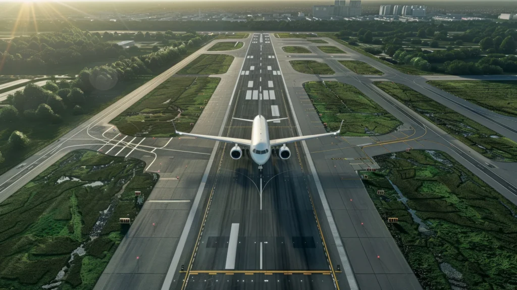 Aerial view of an airport runway with an airplane positioned for takeoff. Lush greenery surrounds the area, and the sun is setting in the background.