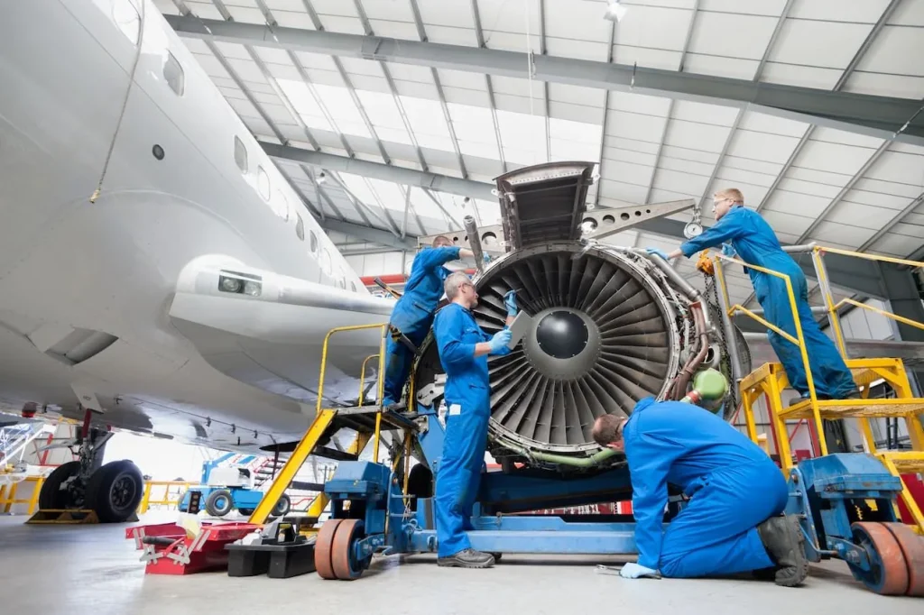 Aviation Maintenance Technicians Working On Aircraft In Aircraft Hangar