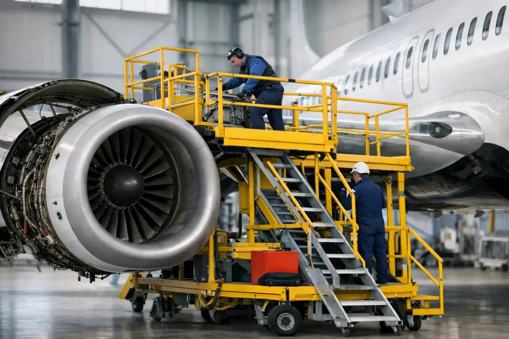 Aircraft maintenance engineers working on a aircraft in a hangar.